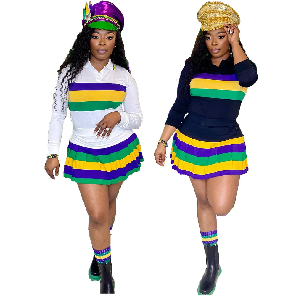 Women 's Casual Two Pieces Outfits Long Sleeve Mardi Gras Cotton Strip Shirt Dress Purple Green Gold Strip Dresses| Alibaba.com Women 's Casual Two Pieces Outfits Long Sleeve Mardi Gras Cotton Strip Shirt Dress Purple Green Gold Strip Dresses| Alibaba.com