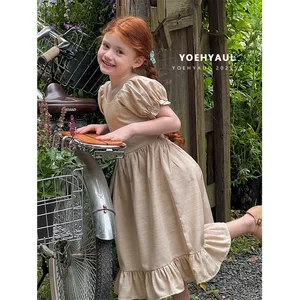 YOEHYAUL 25120 Khaki Solid Short Puff Sleeve Girls Baby Dresses Custom 100% Cotton Ruffles Toddler Kids Dress Summer