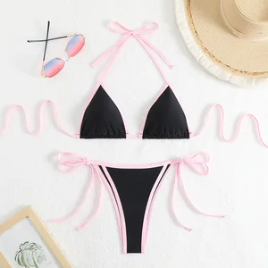Women Sexy Solid Spandex/Nylon Breathable Bikini Set Triangle Swimsuit Two Piece Swimwear for Beach Vacation