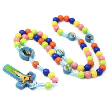 Catholic Colorful round beads cartoon children's cross rosary beads prayer hand colorful necklace ornaments