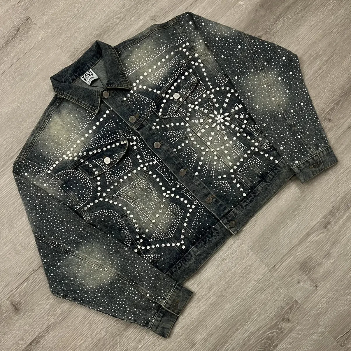 Custom Casual Crystal Drop Shoulder Heavyweight Jeans Denim Vintage Sun Fade Cotton Long Sleeve Rhinestone Turn Down Neck Jacket gallery 3