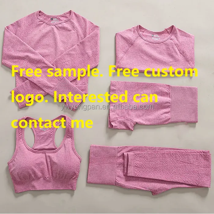 5 Pieces Yoga Set Long Sleeve Pink Fitness Crop Top Underwear Gym Clothing Custom Logo Fall