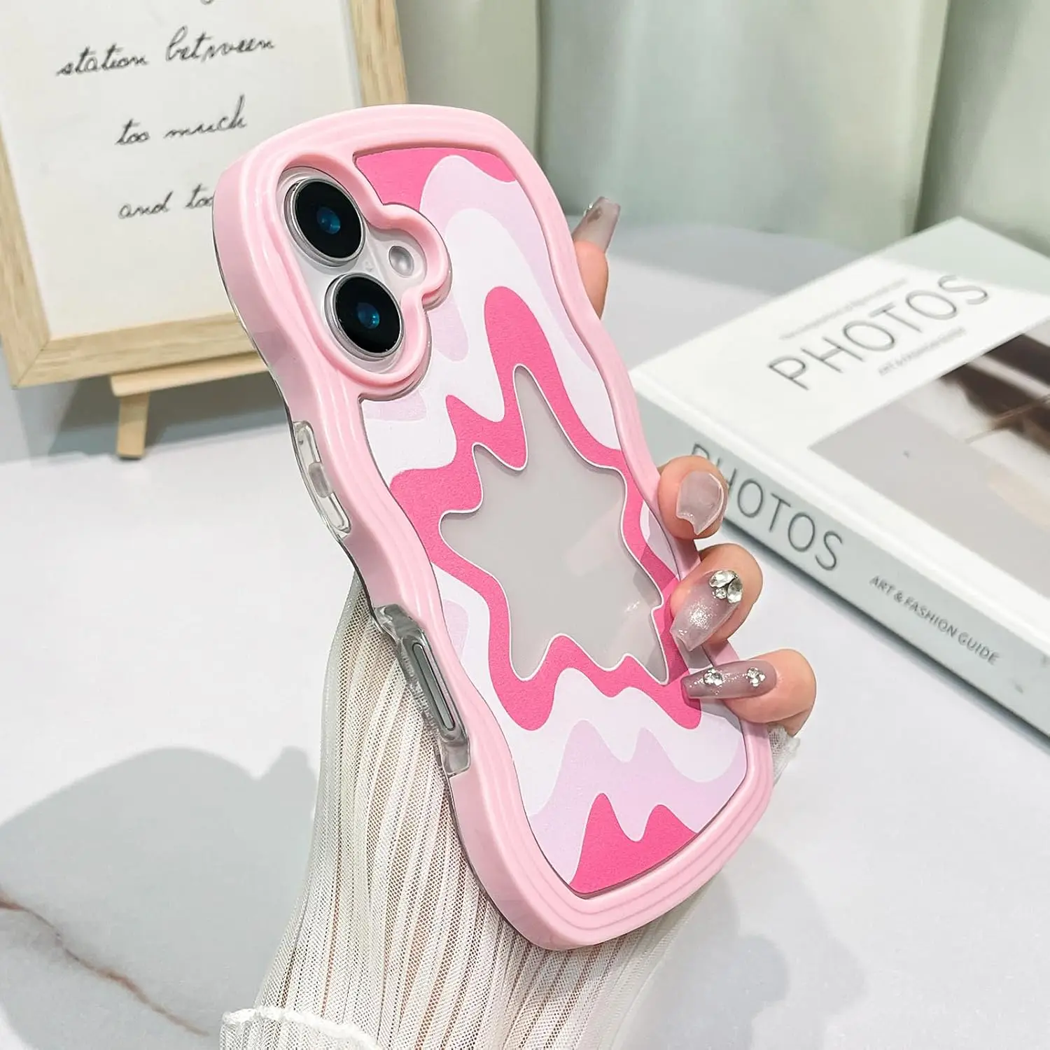 Étui pour iPhone 16 Pro Max cadre en vagues bouclées coque souple TPU bumper anti-chute motif de vagues mignon design mince couverture rose pour filles  