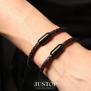 Wholesale PU Leather Braided Bracelet for Men Black Magnetic Clasp Fashion Jewelry Gift for Him