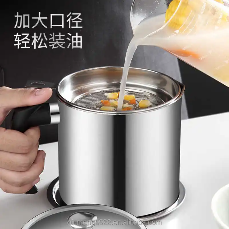 1.3L Kitchen Stainless Steel Oil Filter Pot with Tray High Capacity Lard  Tank Residue Strainer