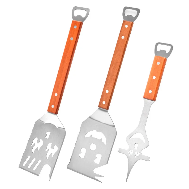 Multifunctional Stainless Steel BBQ Tool Set Outdoor BBQ Wooden Handle Fork Spatula Combination Set