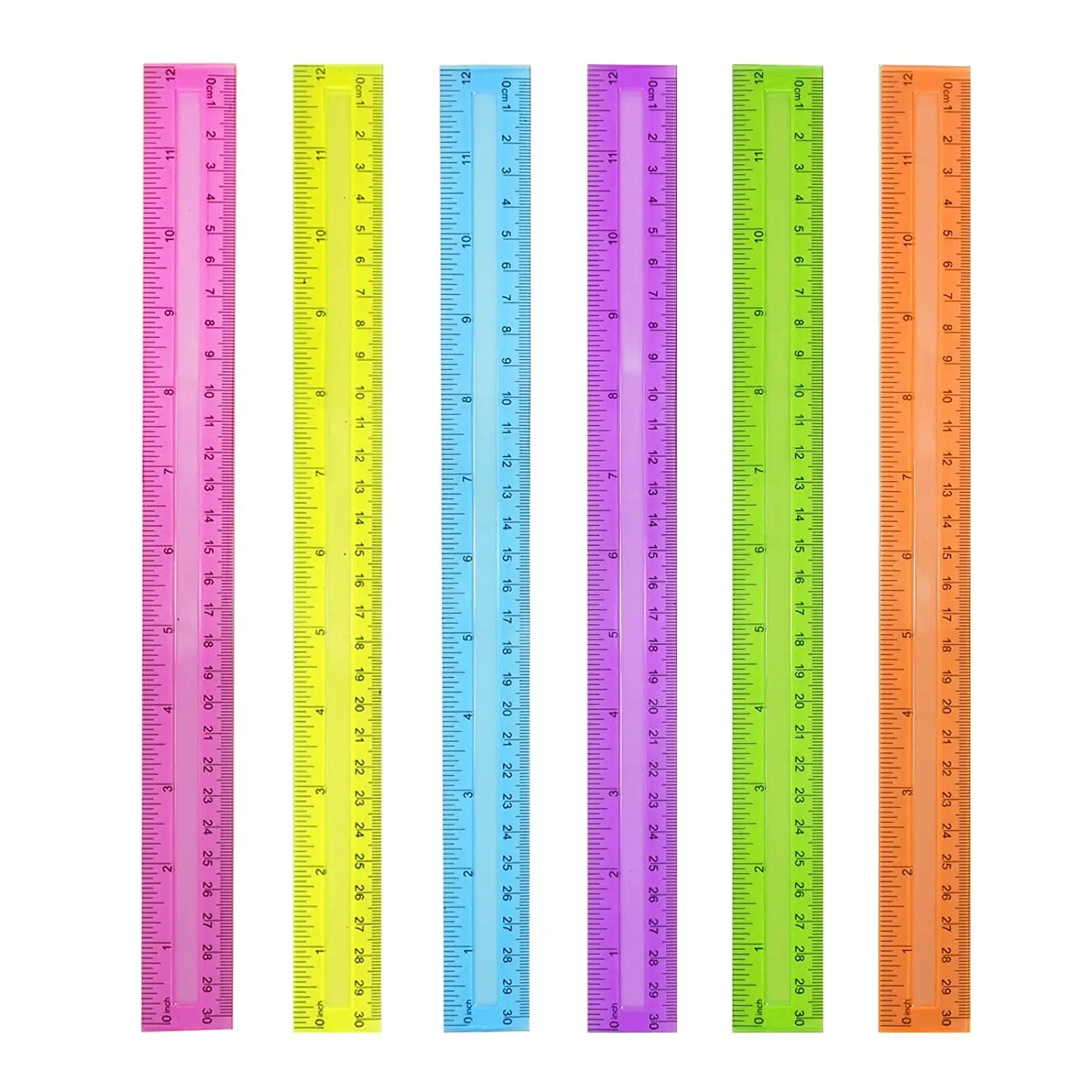 12 Inch Transparent Assorted Color Plastic clear  Kids Ruler with Inches and Centimeters