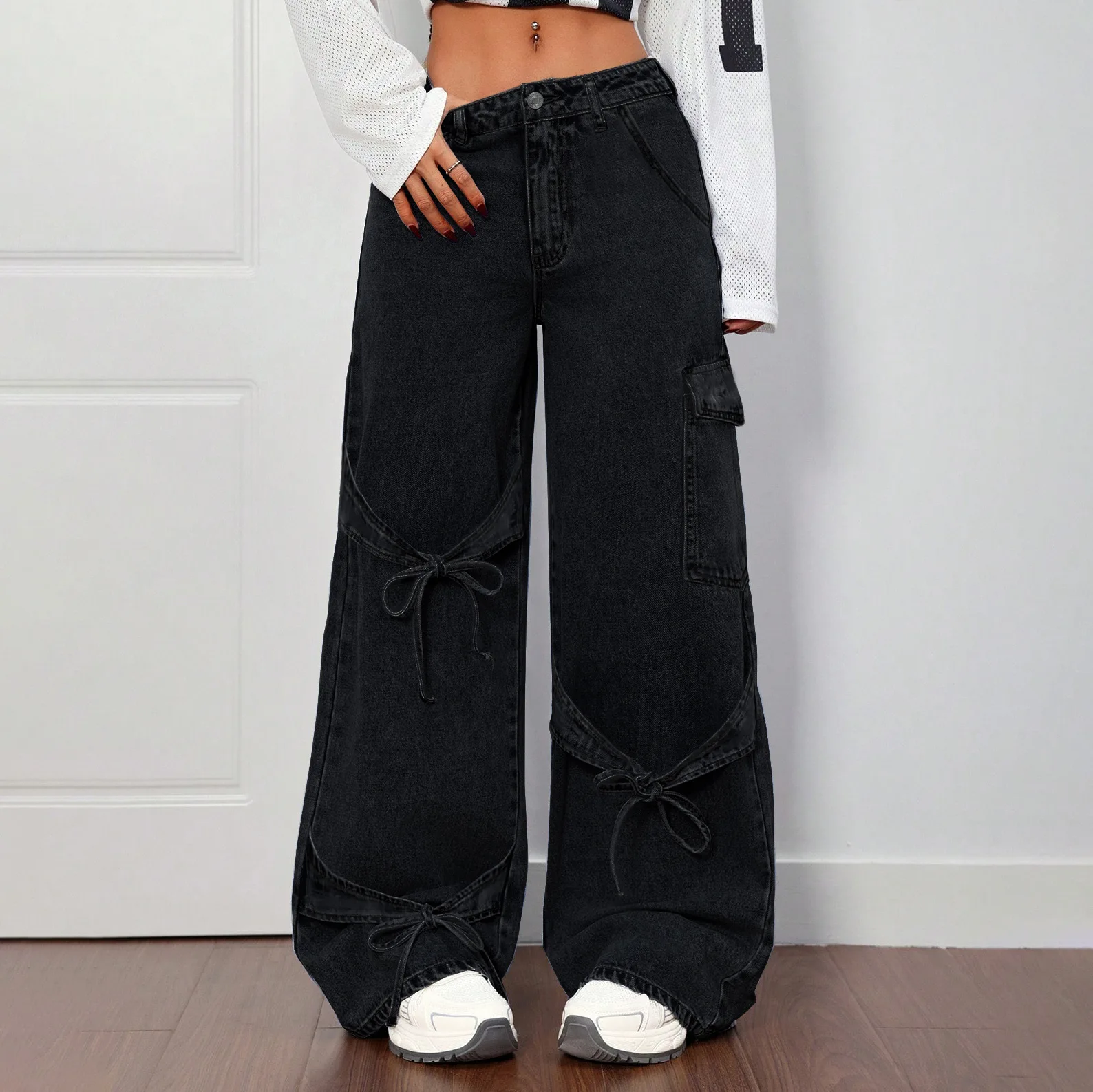 American Style Bow Tie Overalls Denim Jeans Women's Casual Summer Straight-leg Plus-size Women's Trousers