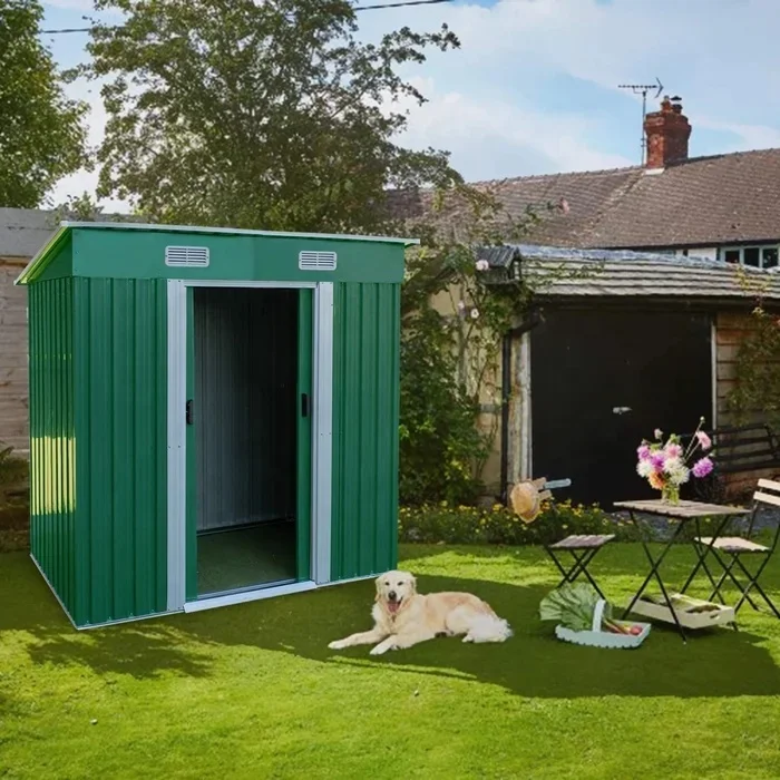 Easily Assembled Waterproof Lockable Double Sliding Doors Flat Roof Garden Metal Tool Storage Shed for Backyard Patio Poolside