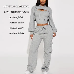 Oem Wholesale Thick Cotton Tracksuits Women Sexy Cropped Hoodie Jogger Sets Plain Color 3 Piece Sets Tracksuit Sweatsuits