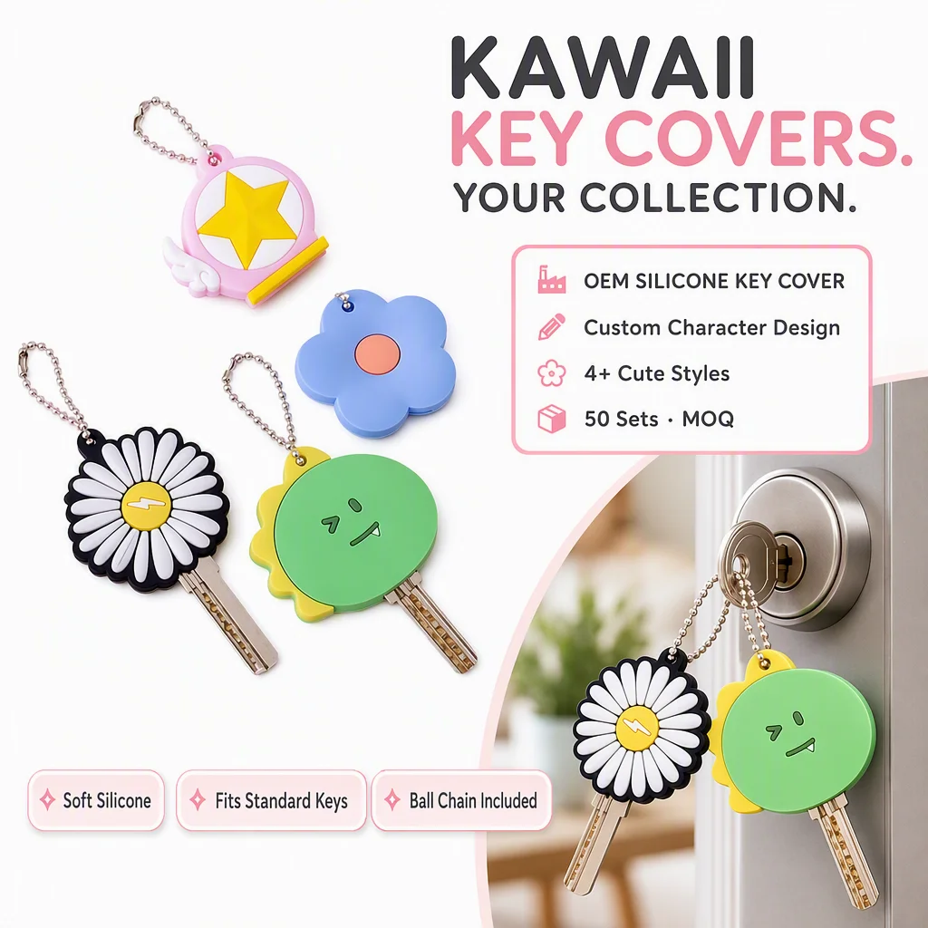 Acoperiș personalizat pentru chei din cauciuc siliconic Kawaii, cu personaj cartoon drăguț, floare, stea sau cactus, brățară moale din cauciuc, OEM, vânzare în cantitate