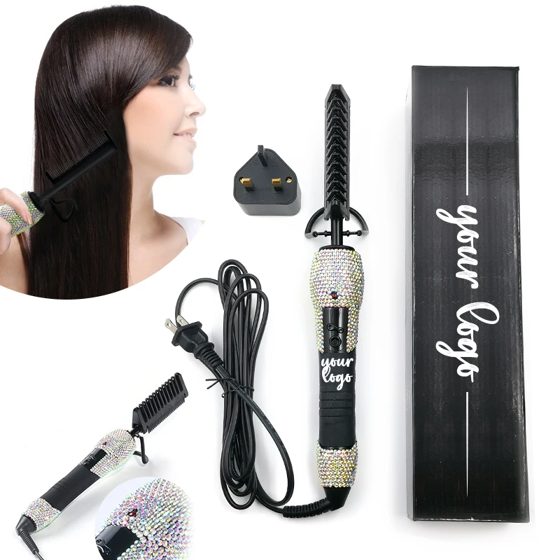 Professional 500F Bling Rhinestone Anti-Scald Straightening Comb Electric Hot Comb for Wigs