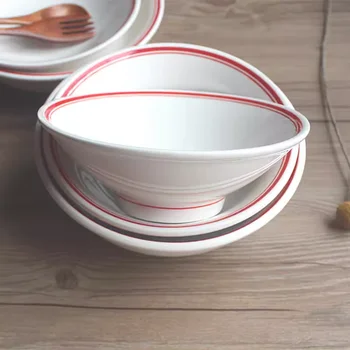 Ceramic bowl high feet shallow  double red line simple soup bowl cold thick solid restaurant