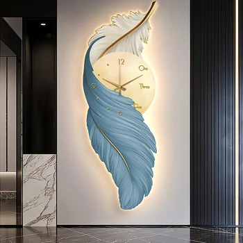 Modern Luxury Feather Wall Art With Led Lights Acrylic Uv Printing Ideas Lamp Mural Luminous Led Light Painting With Clock