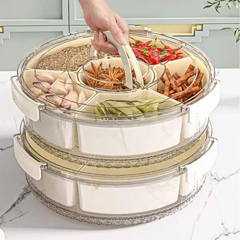 6 - Compartment Snackle Box Plastic Serving Tray Lid Fashionable Rotating Food Portable Snack Box Container With Lid and Handle