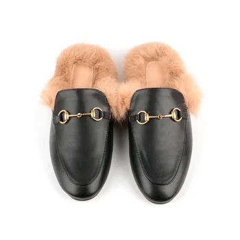 Fashion Closed Toe Winter Flat Slip On Real Fur Ladies Mules Shoes Slippers For Women