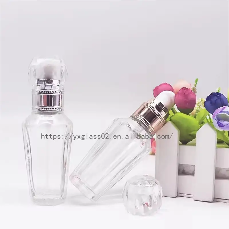 Factory Luxury cosmetic liquid-diamond shape foundation glass bottle make up container with squeeze pump 30ml50ml details