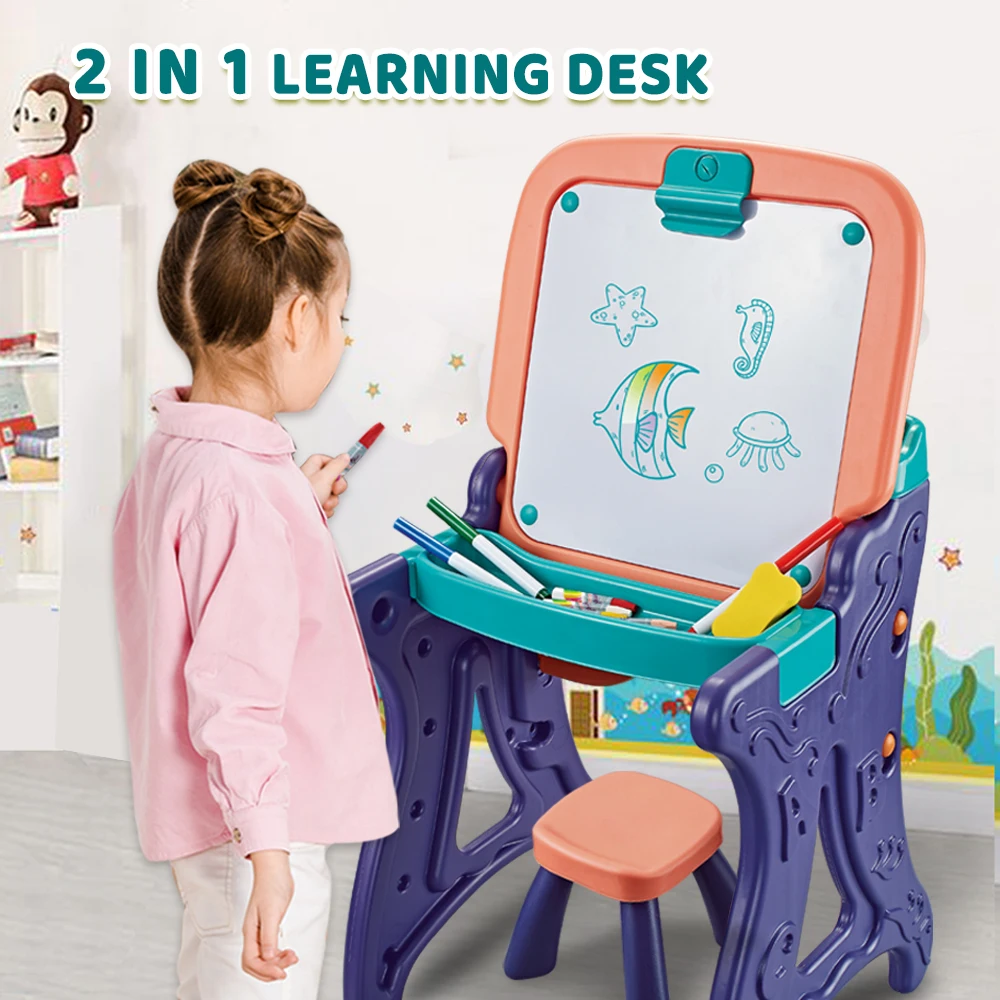 Kids 2 in 1 Multifunctional  Drawing Board Collapsible Educational Learning Table Board Drawing Easel Set with Stool
