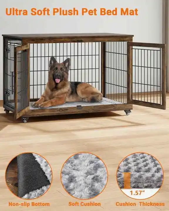 Modern Custom Solid Pattern Wooden Pet House Double-Door Living Room Furniture with Button Closure and Mats for Dogs