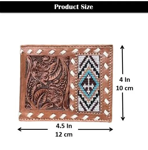 Customizable High Quality Hand Tooled Leather Beaded Wallets Large Capacity Bifold Slim Short Men's Wallets Hold Cash Coin ID