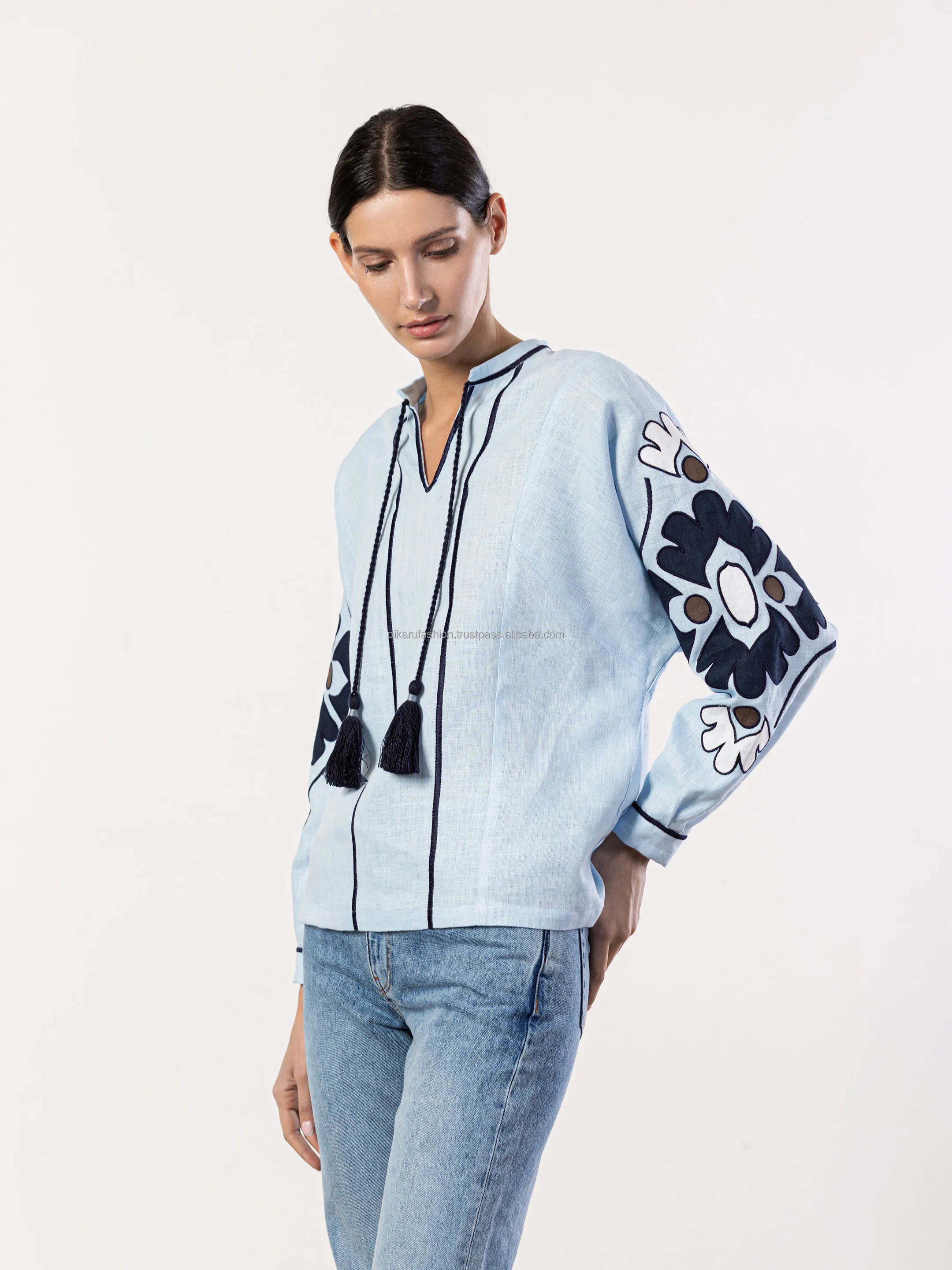 Women Embroidered Ukrainian Blouses Long Puff Sleeve Vneck Designer