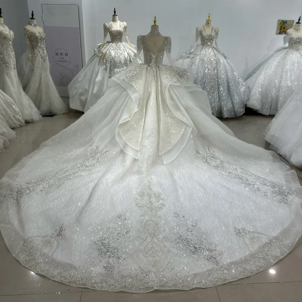 For XS104 Modern Ball Gown Wedding Bridal Dresses Flowers Stylish Diamond  Long Sleeve Chic Chapel Train Lace Crystal