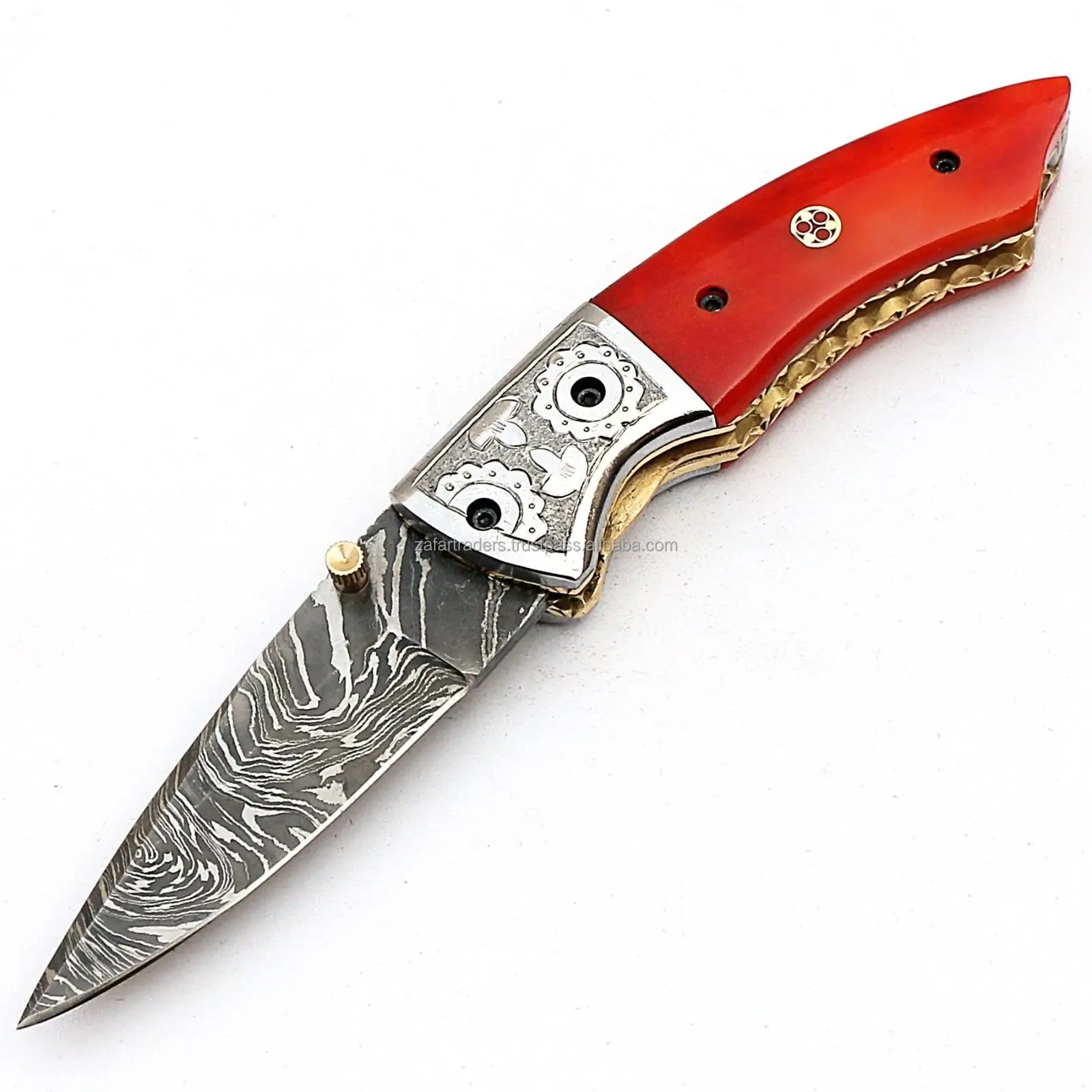 Red Custom Knives ZR ZT-F14 Industrial Grade Damascus Custom Handmade Folding Knife Red ...
