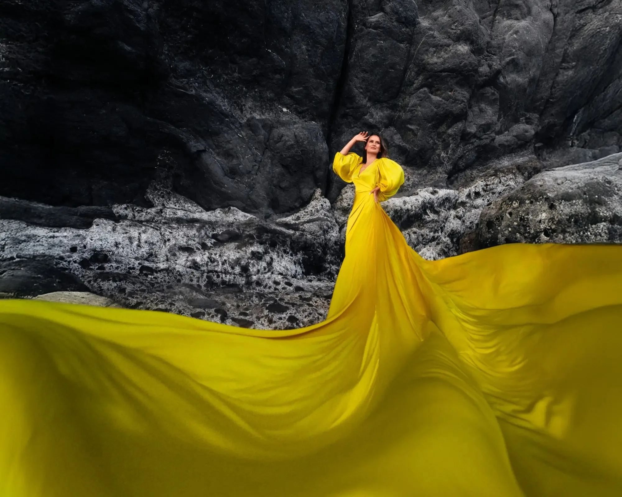 Vibrant Yellow Flying Dress for Women Photoshoot Long Flowing Train Maxi Gown Designer High Fashion Satin Silk Evening Outfit| Alibaba.com