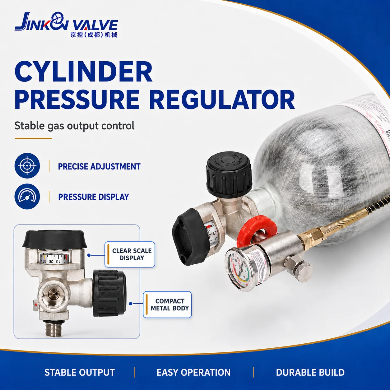 JINKON VALVE Brass Cylinder Valve KHF-30B Anti-self-locking EPDM Sealing Threaded Connection 30MPa High Pressure Compressed Air