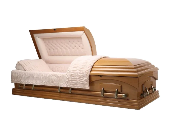 Funeral Classic Maple veneer wood Casket with Ivory Velvet Interior burial vault combo bed Wooden Cremation casket and coffin