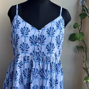 Hand Block Printed Indian Cotton Maxi Dress Breathable Long Gown with Natural Waistline and Pockets