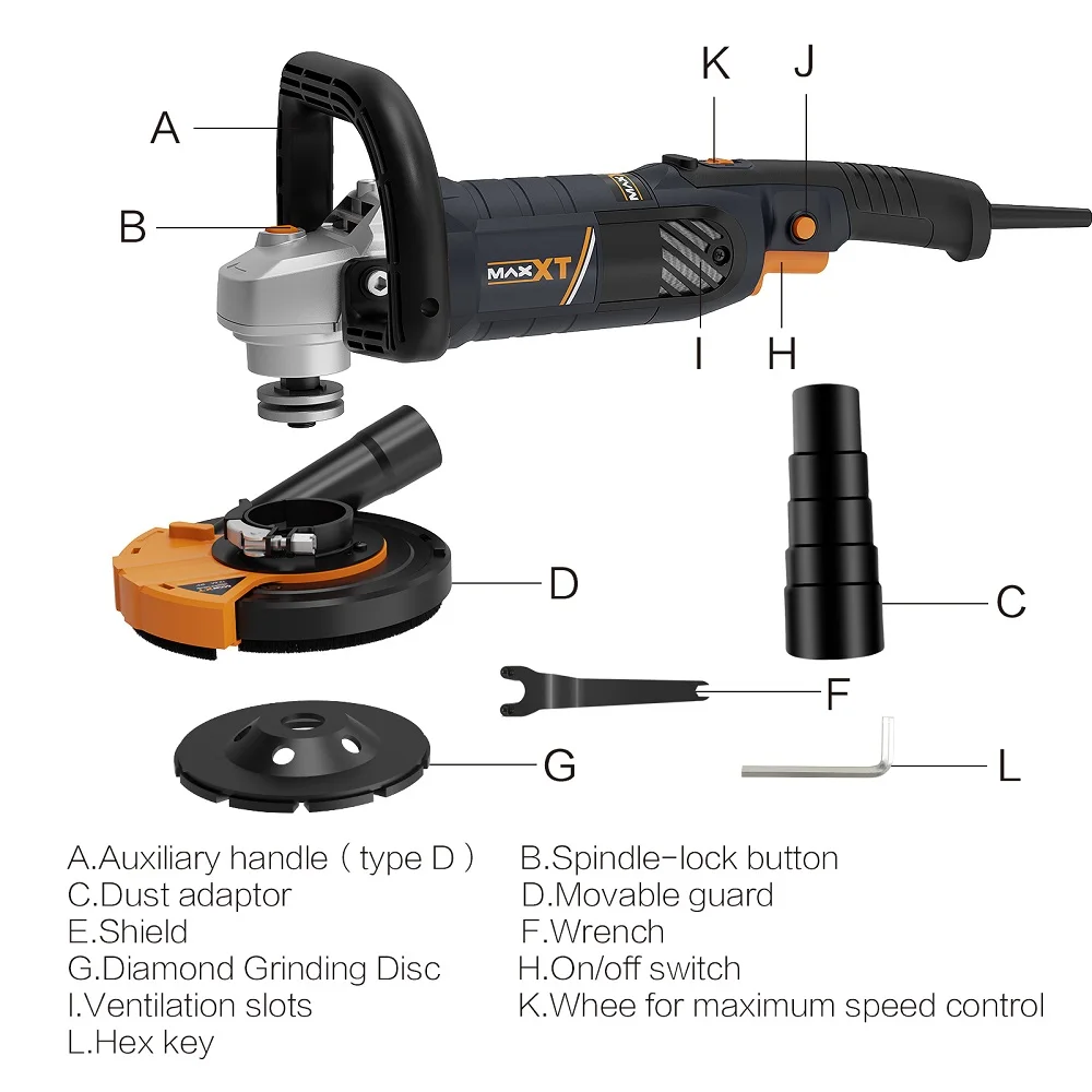 MAXXT 1500W Hand Held Concrete Surface Grinder Polisher Planer 125mm With Dedicated Dust Collection Shroud