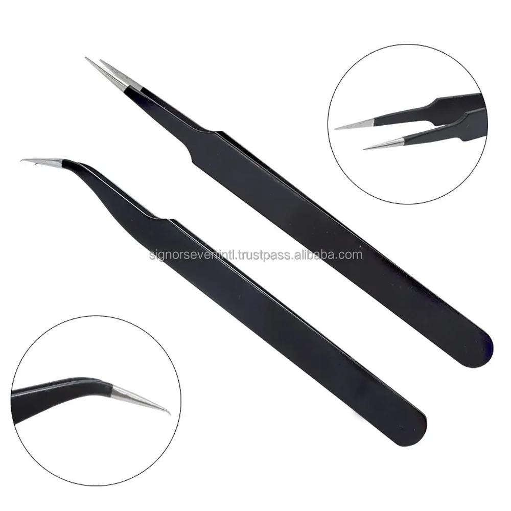 Private Label Antistatic Tweezers Straight Tip Curved Tip Stainless Steel Eyelash Tweezers