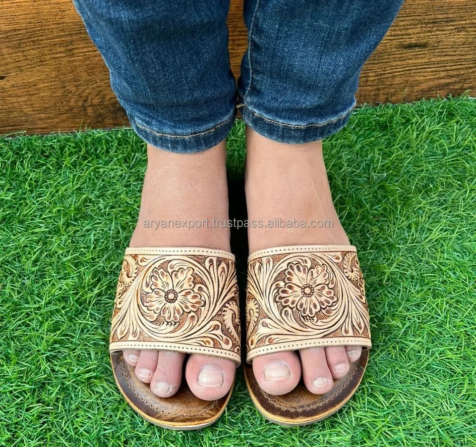 Western Style Real Handmade Genuine Tooled Leather Sandals