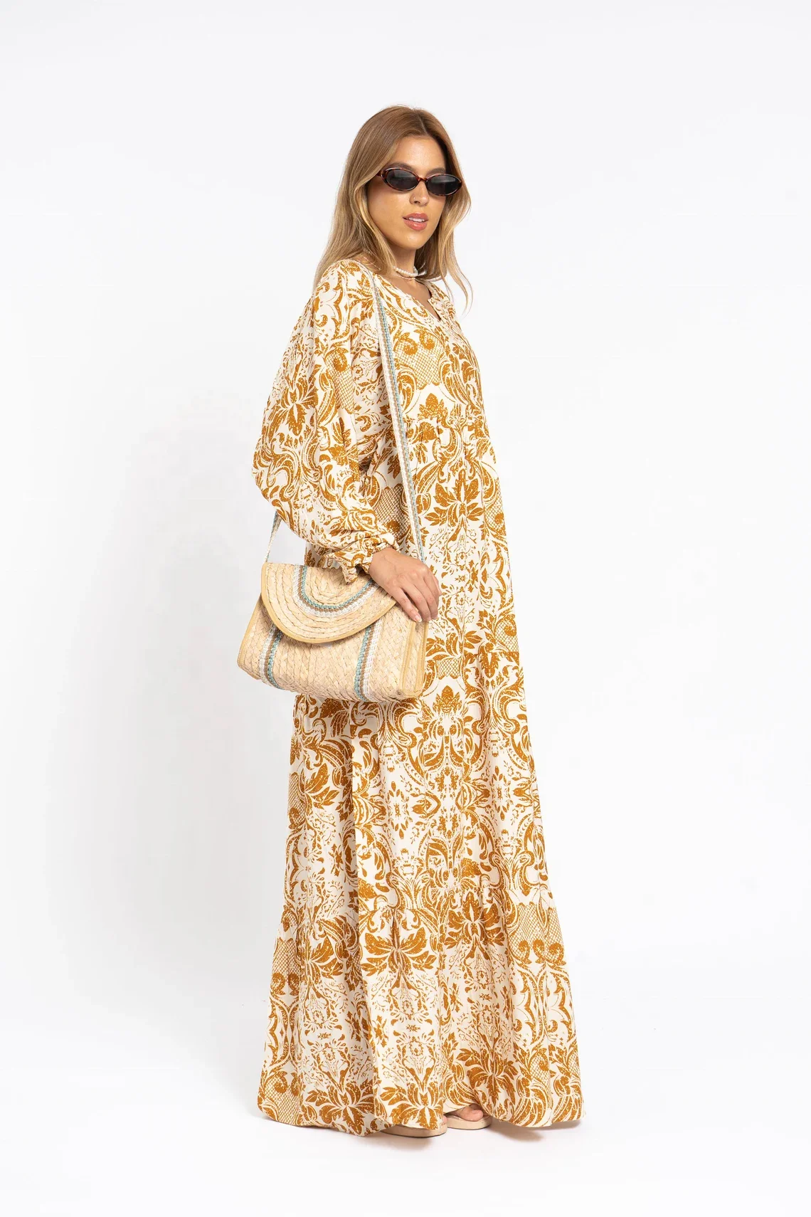 Breezy Puffy Sleeves Mustard Yellow Print Caftan Dress for Women