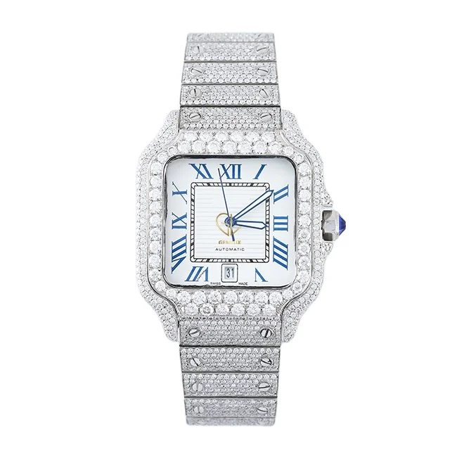 Hot Selling Iced Out VVS Moissanite Diamond Roman Number Square Bezel Dial Hiphop Wristwatch for Mens from India 222028