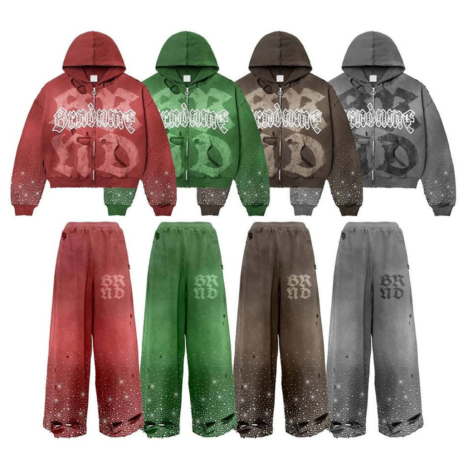 Glory Custom Logo Men's Solid Eco-Friendly Streetwear Rhinestone Skeleton Hoodie Jogger Set Acid Wash Distressed Crystal