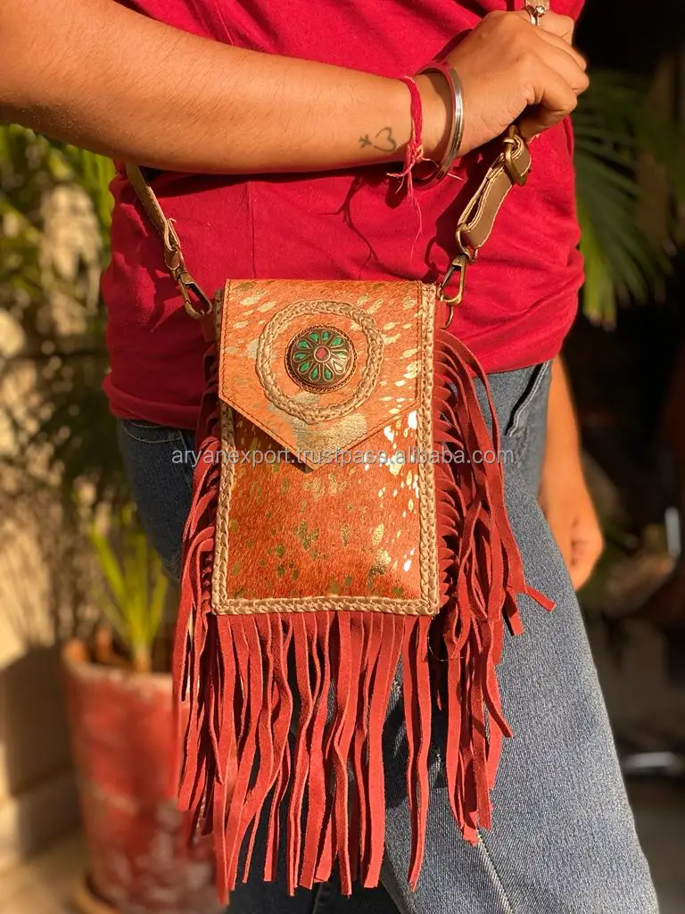 Real Handmade Hair On Leather Fringe Handbag Metallic Fur Leather