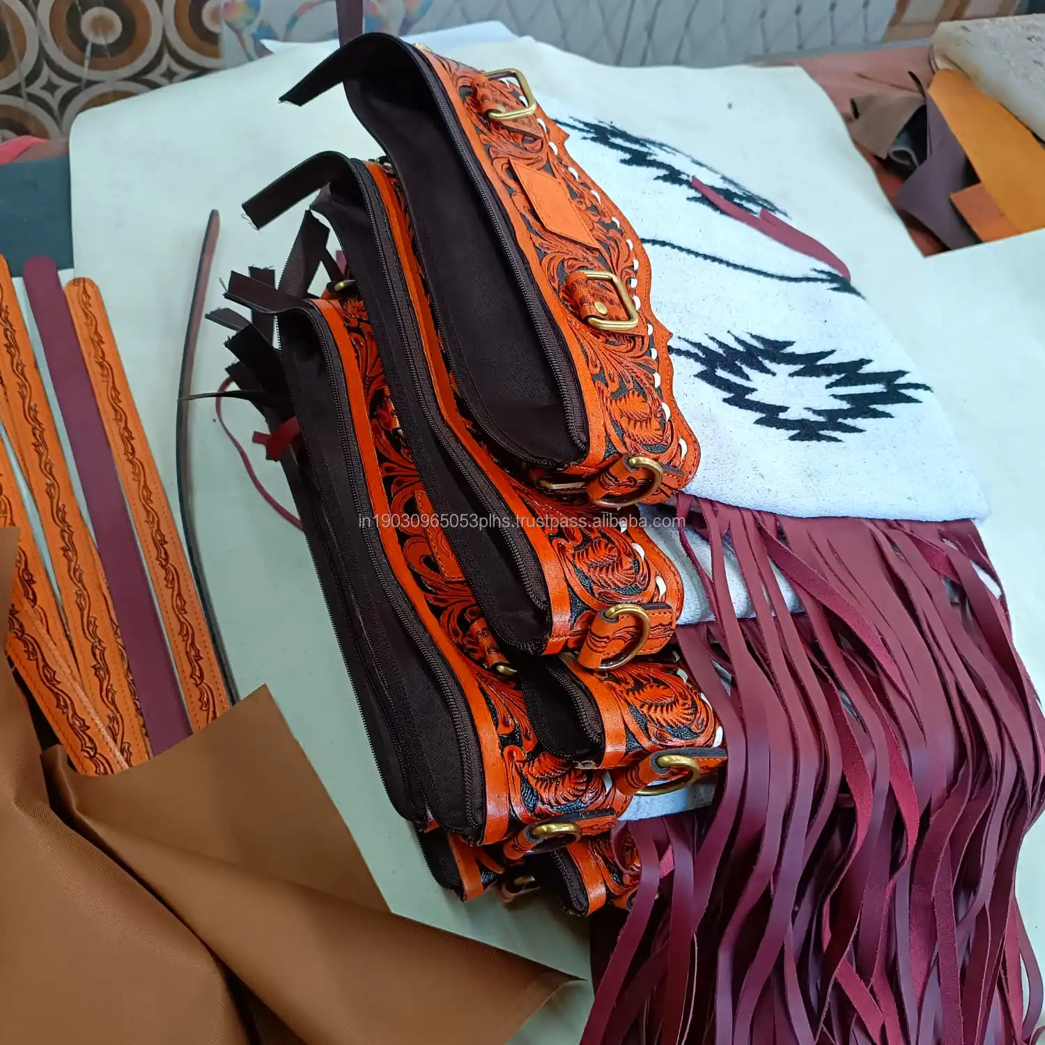 Western Style Cowhide Hand Tooled Leather Fringe Handbag Sling Bag