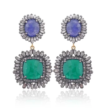 14k Yellow Gold Tanzanite Emerald Gemstone 925 Sterling Silver Diamond Handmade Baguettes Earrings by Metarock Jewels