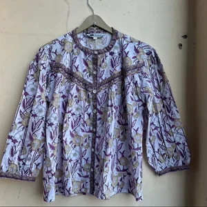 Handmade Cotton Blouse Hand Block Printed Cotton Top with Round Neck Long Sleeve Women Tops Gift For Her