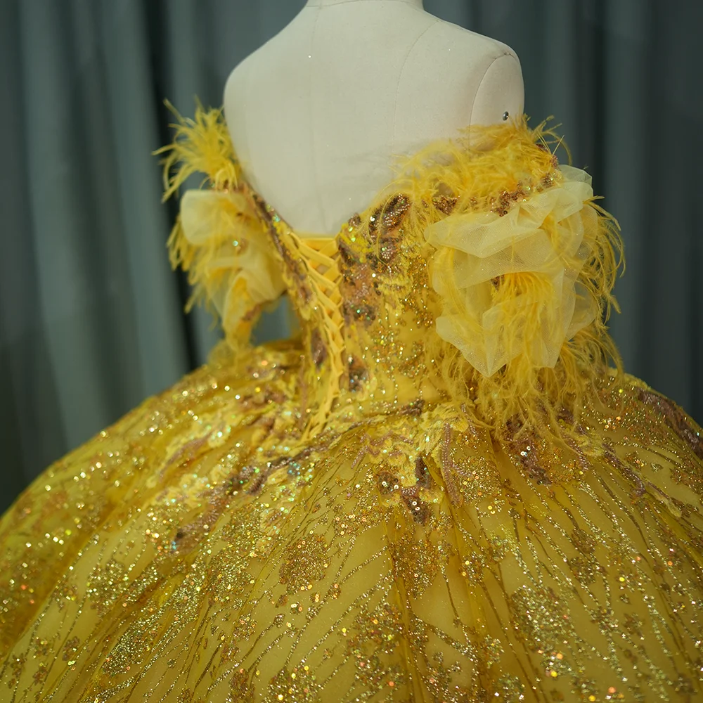 Jancember 6540 Generous Light Yellow Feather Puffy Quinceanera Dresses For Girls