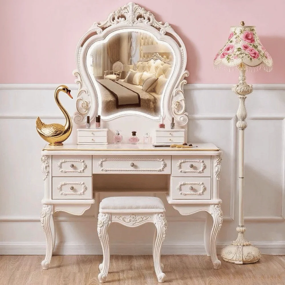 Elegant Classic Solid Mahogany Handmade Dressing Table Mirror White Gold  Accent Vanity Set for Bedroom Living Room Furniture| Alibaba.com