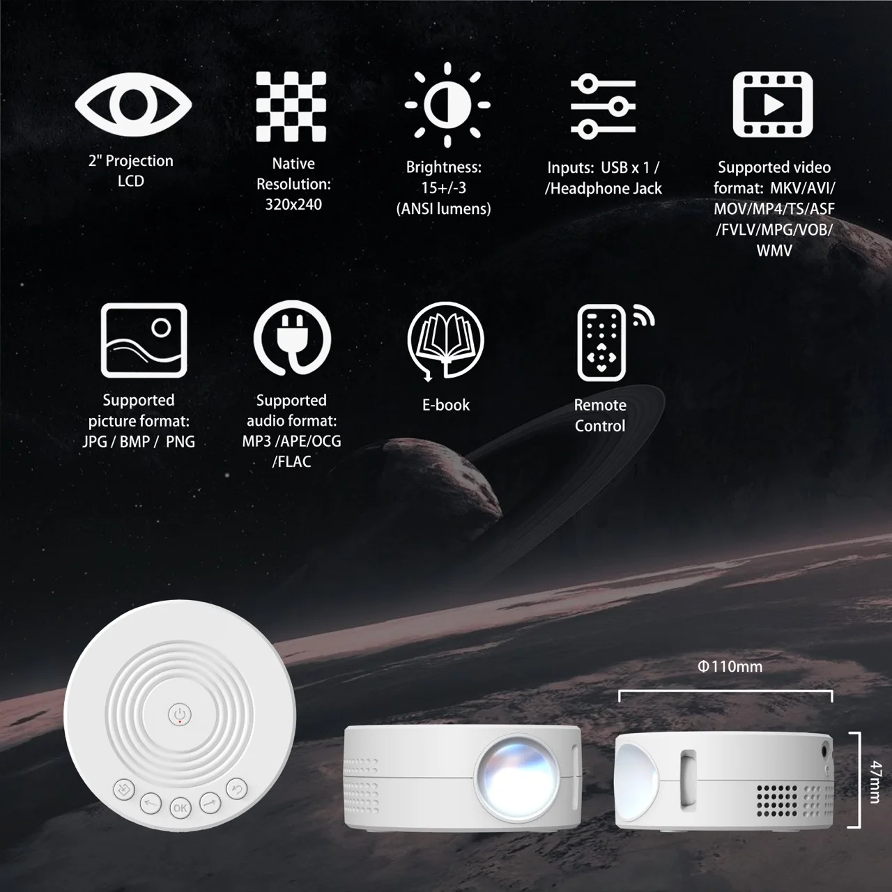 Customize Native 320x240 Small Projector 2023 New USB 2.4G Wi-fi Play Wired Connect E-book Operated by USB-C Built-in Speaker
