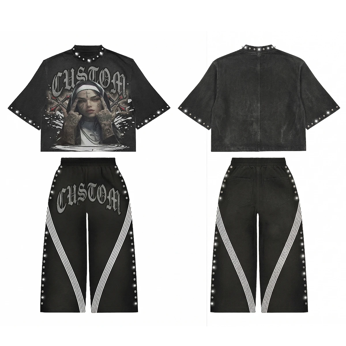 Custom Oversized Silk Screen Printed 100% Cotton Woven T-Shirt Trouser Set Premium Quality Rhine Stone Trending Streetwear Style