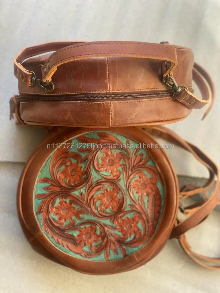 Stylish Western Style Tooled Leather Canteen Bag Handbag High Quality