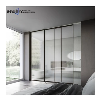 Black big frame interior long track residential slim type aluminum sliding glass door design in kitchen