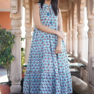 Women's Hand-Block Printed Cotton Summer Dress 100% Sustainable Maxi Length Solid Pattern for Autumn/Sumer Season