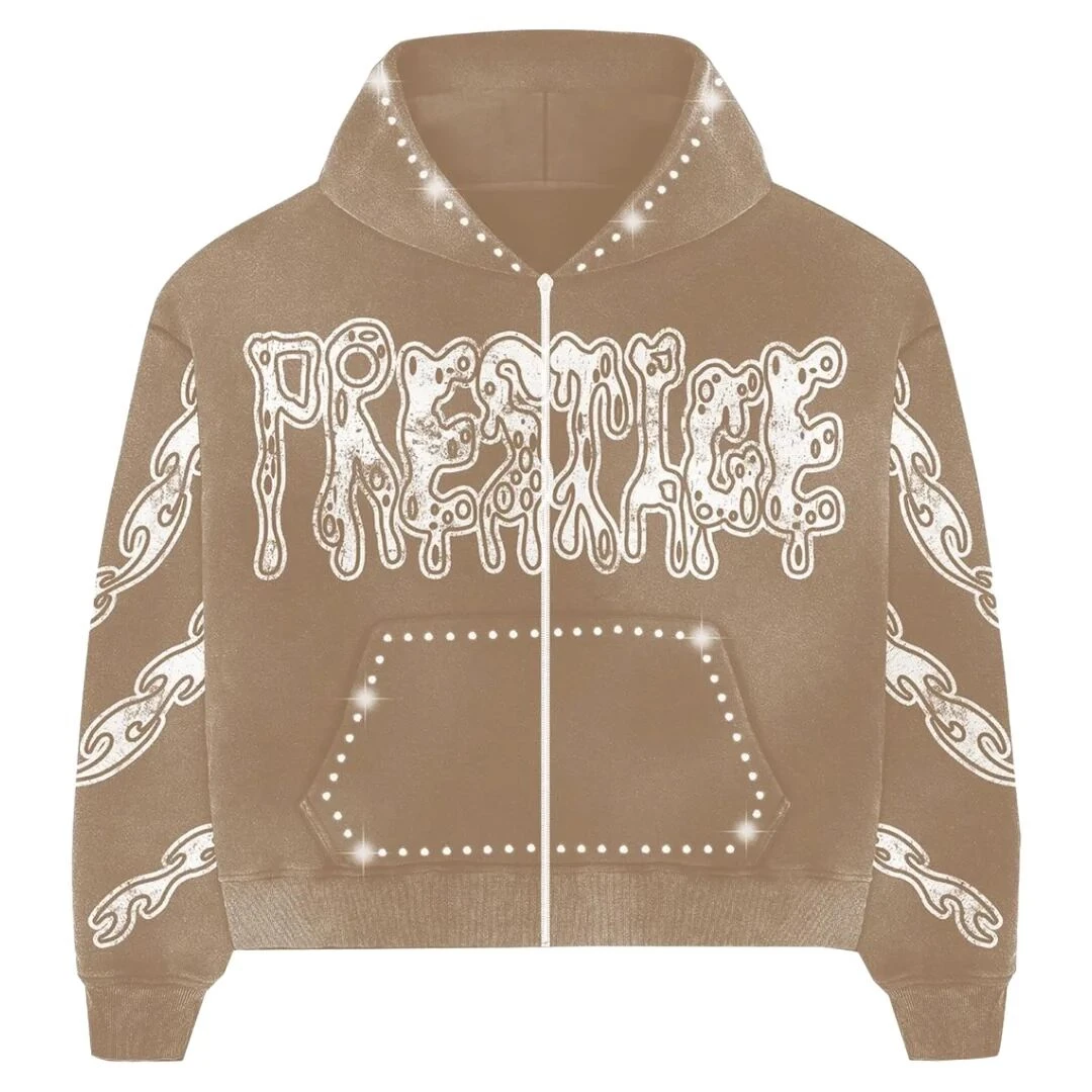 Glory Trendy Brown Rhinestone Zip Up Hoodie Men Women Oversized Streetwear Graphic Printed Hooded Sweatshirt Luxury Fashion