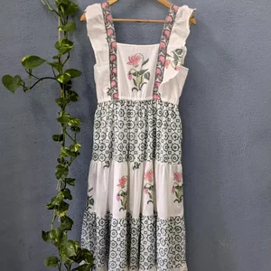 Hand Block Printed Cotton Maxi Dress Floral Handmade Square Neck Sleeveless Floral Patter Embroidery Long Maxi Dress For Women
